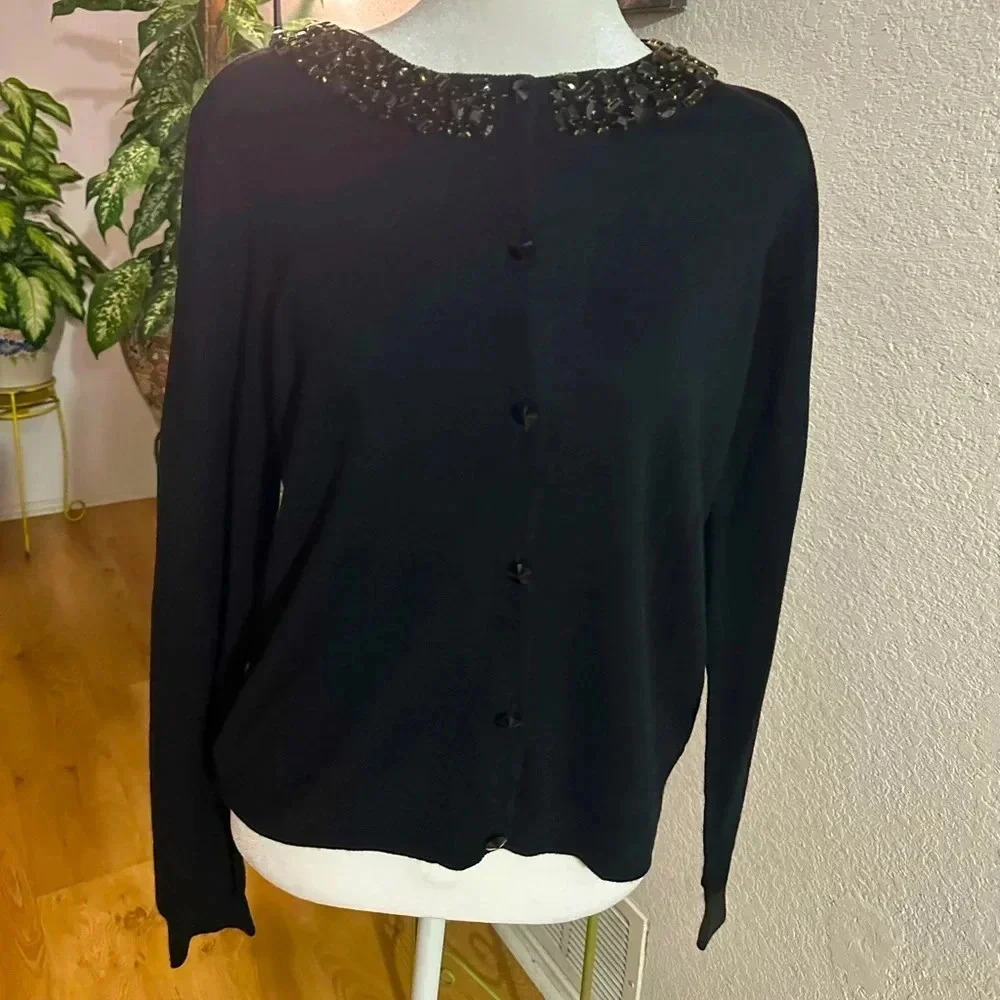 Alice & Olivia Black Wool Cardigan with embellished neckline size L